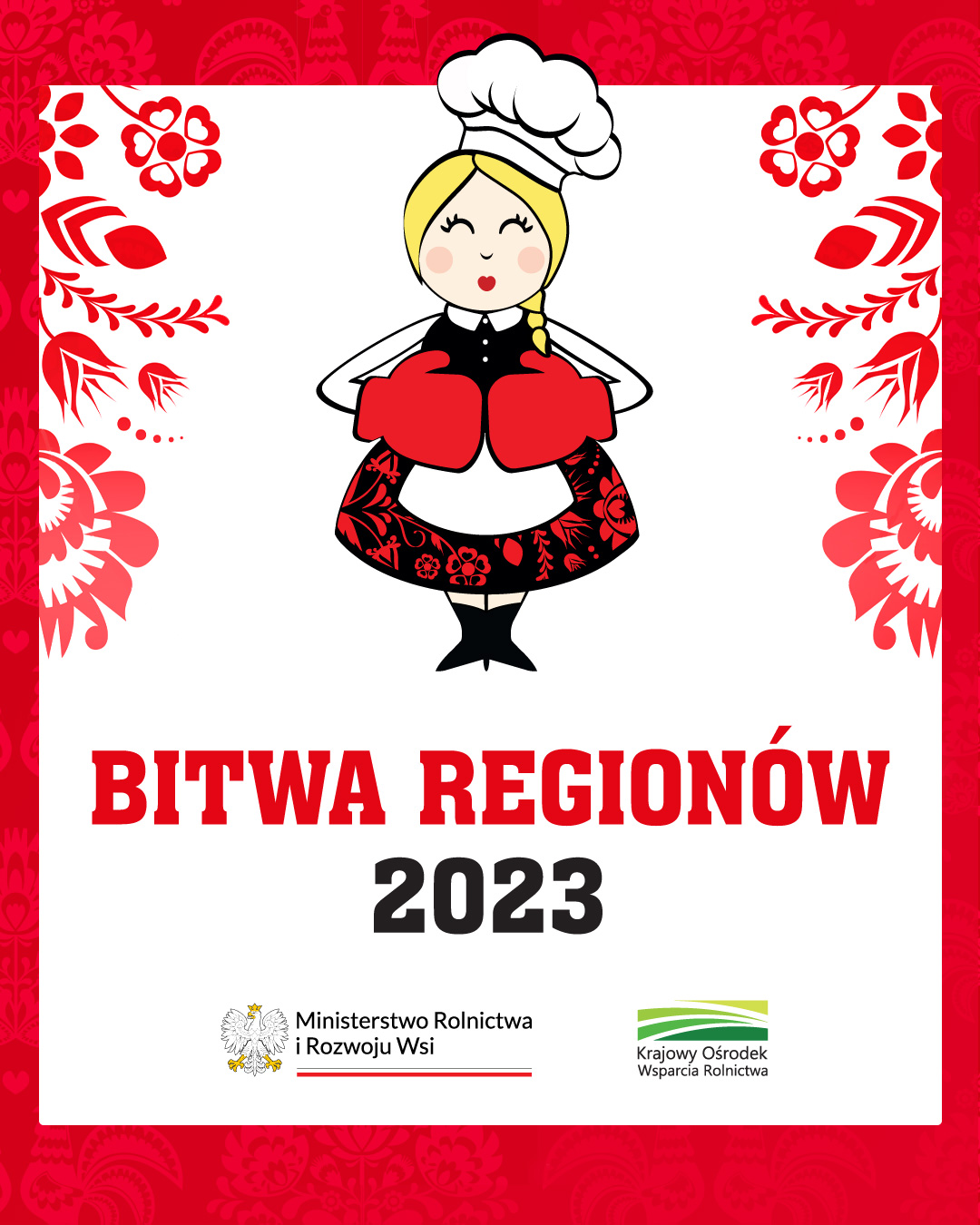 plakat konkursu bitwa regionów, rysunek gospodyni domowej w czerwonej ramce